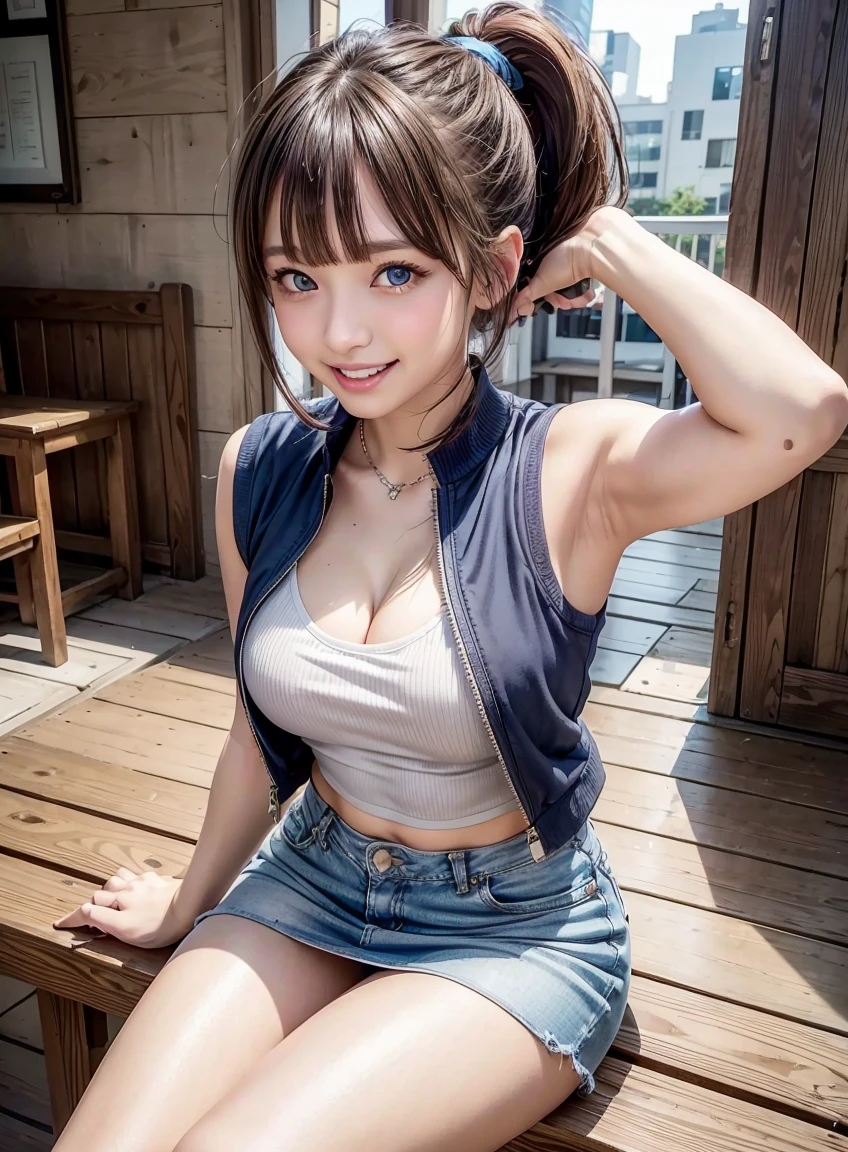 beautiful features、Japanese、brown hair、((ponytail、deep blue eyes:1.2))、shiny smooth hair, thick bangs、(A smile showing white teeth:1.2), highly detailed eyes, highest quality, ultra high resolution, Beautiful and vivid illustrations、Ultra-realistic oily and glossy skin, super fine, High resolution CG Unity 8K wallpaper, Raw photo, precise fingers, anatomically correct, sleeveless jacket、pencil skirt、white panties、Denim look、boots、Sitting in a stepped building、