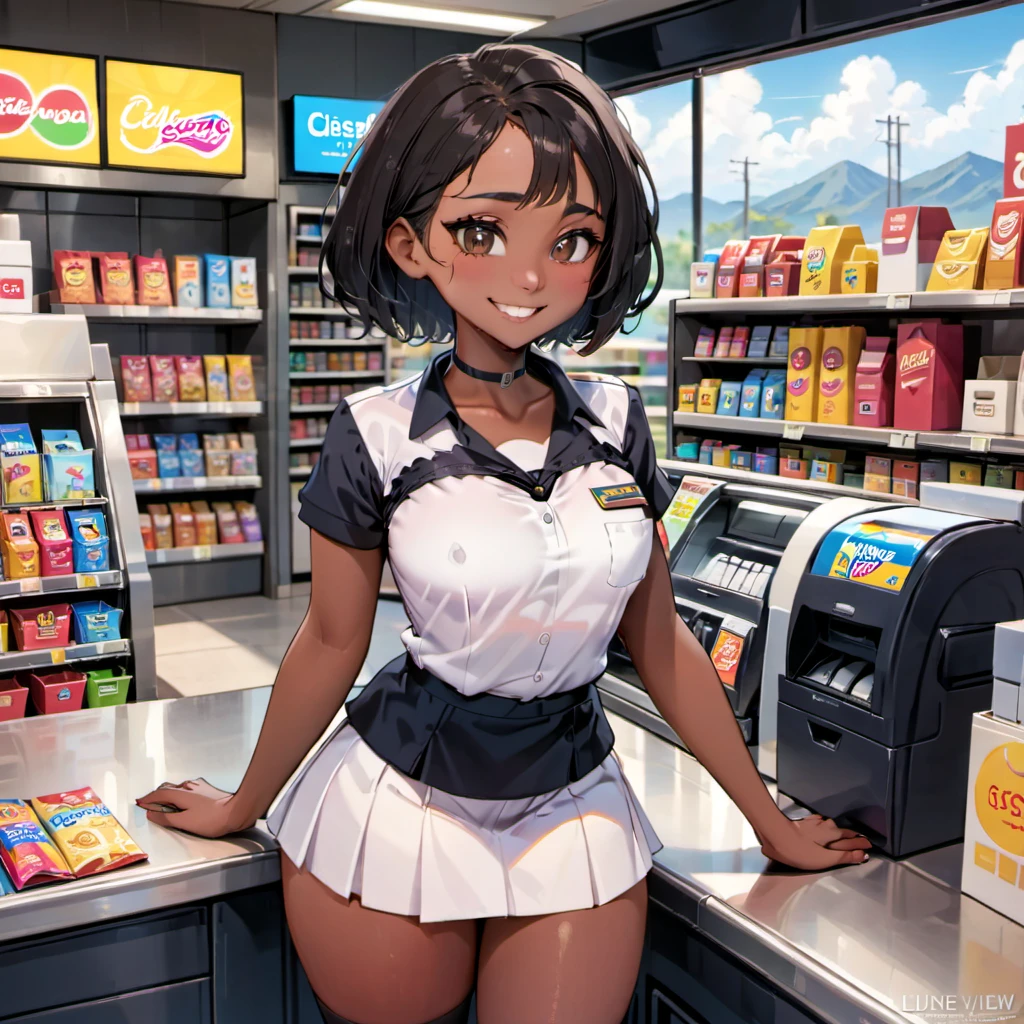 cute girl, small breasts and wide hips, dark skin, attendant uniform, low-cut blouse and miniskirt, badge attached to her neck, working at a cashier in a convenience store, kind smile, lots of charisma, detailed scenery, dynamic wide view, full body character, POV, HD12K quality