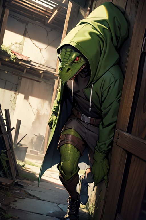 menacing lizardman sneaking around dressed in tattered hooded cloak