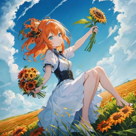 anime girl with red hair sitting in a field of sunflowers, beautiful sunflower anime girl, rin, official anime artwork, official...