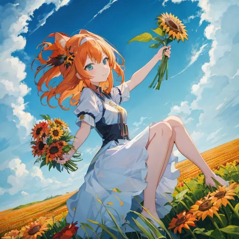 anime girl with red hair sitting in a field of sunflowers, beautiful sunflower anime girl, rin, official anime artwork, official...