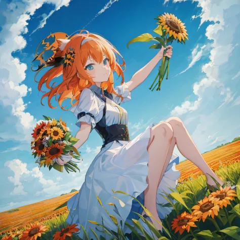 anime girl with red hair sitting in a field of sunflowers, beautiful sunflower anime girl, rin, official anime artwork, official...