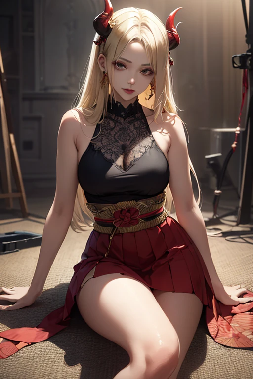 High resolution, masterpiece, look here, sitting with knees up on the floor, legs open, very realistic image of beautiful blonde hair, drawn by professional ukiyo-e, world of imagination, slim girl, nice legs , a well-fitting body, a sensual skirt, long eyelashes, delicate makeup that accentuates her gaze, a devilishness that sends shivers down your spine, her lips slightly parted, giving off a mysterious aura, and her eyes tilted upwards. 's eyes will tempt you,