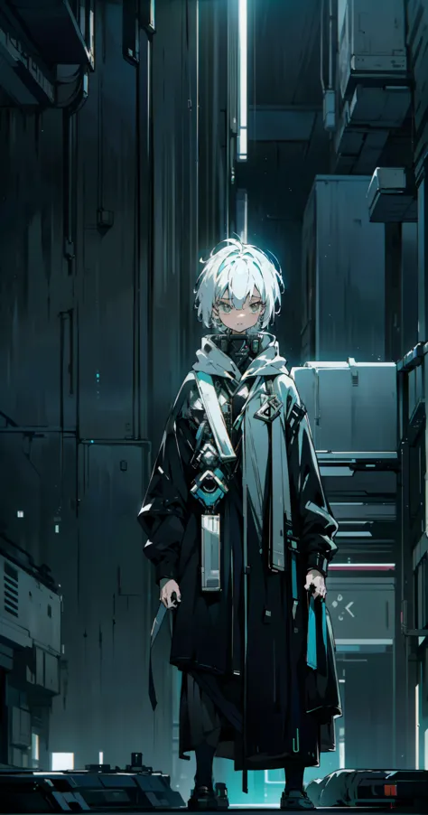 Boy, short hair, wearing cyberpunk hoodie, white hair, standing on top of a tall building where the whole city is visible, night...