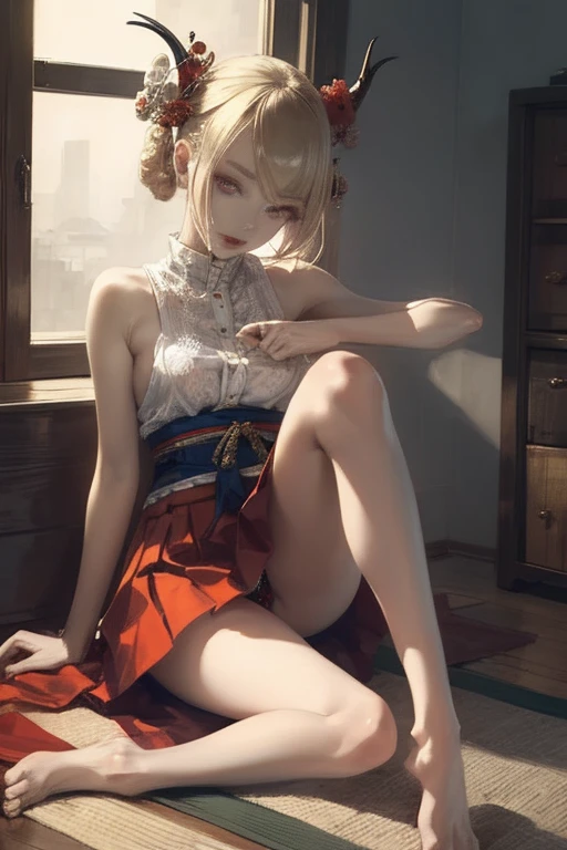 High resolution, masterpiece, look here, sitting with knees up on the floor, legs open, very realistic image of beautiful blonde hair, drawn by professional ukiyo-e, world of imagination, slim girl, nice legs , a well-fitting body, a sensual skirt, long eyelashes, delicate makeup that accentuates her gaze, a devilishness that sends shivers down your spine, her lips slightly parted, giving off a mysterious aura, and her eyes tilted upwards. 's eyes will tempt you,