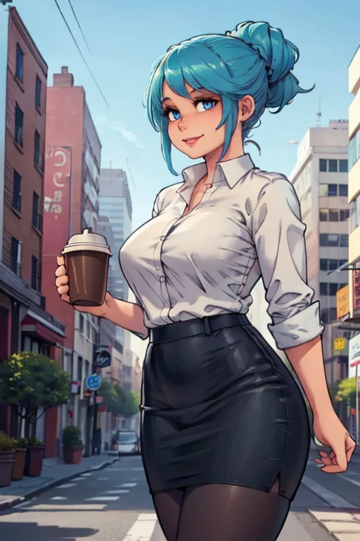 art by kipteitei, 1girl, aqua blue hair, hair up, blue eyes, black pencil skirt, dress shirt, black tights, happy expression, tight clothes, (((skinny))), ((holding coffee)), walking with confidence, city background with lots of trees and buildings, (cowboy shot), (best quality, masterpiece)
