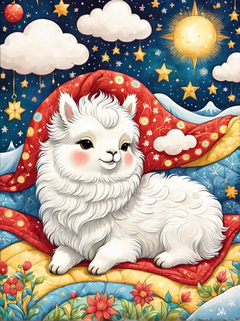Lovelyillustration羊驼屋，Snow-white alpaca，hibernation，Lovely，sleep，Comfortable and warm，Looks happy，illustration，popularity，rich a...