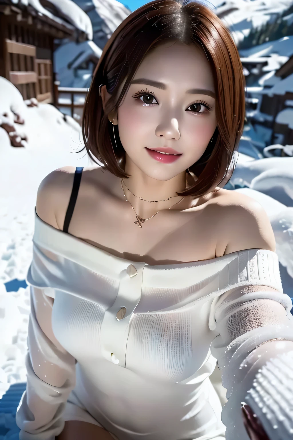 (The contrast of light and shadow makes the subject appear three-dimensional),(((With the sunset in the background))),(((Winter snowy mountain climbing scenery:1.3))),cute and beautiful adult woman,Cute round face,Cute Smile,blush your cheeks,Red lips,(((Off-white off-shoulder knit tight dress:1.3))),Black Stockings,Knee-high boots,flower、hairpin、necklace、Looking up from under the earrings,Written boundary depth、pointed red mouth、(Reddish brown wet shiny short hair:1.3),Red Mouth,clavicle,Beautiful fingers,hourglass shaped body,Full body portrait, Wet Face、digital illustration, (Photorealistic:1.3),(RAW Photos.), (Tabletop,highest quality,Ultra-high resolution output images,) (8K quality,),(Picture Mode Ultra HD),(Picture Mode Ultra HD)、