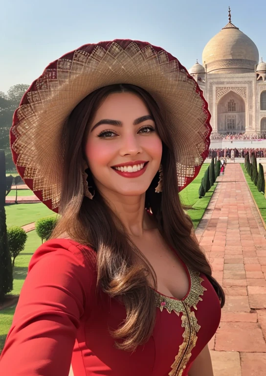 Sightseeing excursionujer atractiva con vestido rojo con un sombrero vaquero, con sombrero, con sombrero de paja、sonrisa feliz、En el taj mahal en india