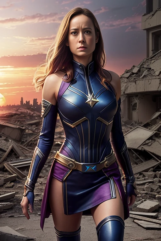 Brie Larson、Torn Suit、I'm wearing a skirt、masterpiece, 1 Girl, マーベルのサイロックとしてbeautiful女性, X-Men Psylocke Cosplay、purple suit、Fine and delicate features, Futuristic New York Background, Science fiction, blonde, Super Heroine, heroic, Perfect balance, photograph, 超Realistic, masterpiece, 8k, large format camera, 110mm lens, Dynamic Lighting, Rim lighting、Official Art, extremely detailed CG 8K wallpaper, perfect Lighting, De color, bright_amount_method_Light, piel bright, (masterpiece:1.0), (Better_quality:1.0), Ultra-high resolution, 4k , Very detailed, Director of Photography, 8K, HDR, Altas ResoLightones, (Confused:1.2), Kodak Portrait 400, Film Grain, blurred background, (Bokeh:1.2), Lens flare, (Vibrant_color:1.2), プロのphotograph撮影, (beautiful_method:1.5),More detailed 8K.Unreal Engine:1.4,Hmm.,La Better calidad:1.4, Realistic:1.4, Skin temperature:1.4, masterpiece:1.8,masterpiece, Better calidad,Object Object], (Detailed facial features:1.3),(Anti-sedentary apocalyptic destroyed city:1.4), (Apocalyptic Sunset:1.4)