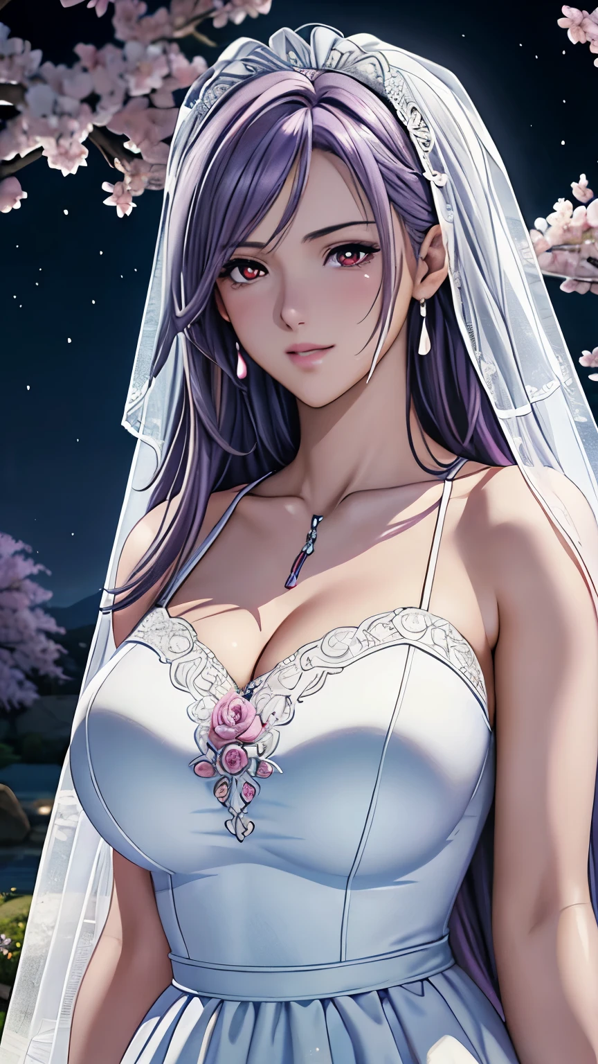 red eyes, (highest quality, masterpiece painting:1.3), immature woman, 16 years old, (half body shot), masterpiece, ultra high resolution, (Photoreal:1.0), ((light purple hair)),straight hair, beautiful shining hair, white and shining skin, ((Ultra realistic details)), octane rendering, highly detailed face, (big breasts:0.8), (make a heart with hands), ((gorgeous white wedding dress,white Wedding veil,delicate decoration:1.2)), White cherry blossom embroidery pattern, silver earrings,（milky way galaxy), Hair flutters under the influence of the wind, Japanese garden with beautiful cherry blossoms at night, Mysterious night sky, Beautiful Landscapes, sharp focus, intricate details, professional artwork, (bright colors:1.1), bright colors, diffused lighting, digital blending, ultra-definition body, ultra detail hair, super detailed face, that&#39;It&#39;s trending on pixiv, top button open, Cute gaze, compensate, perfect lips, perfect compensate, Ultra-precision coating, (light_smile:0.8), (Very embarrassed:1.2), blush your nose,