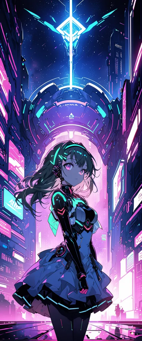 Anime girl wearing a dress and headband standing in front of a building, digital cyberpunk anime art, Digital Cyberpunk - Anime ...