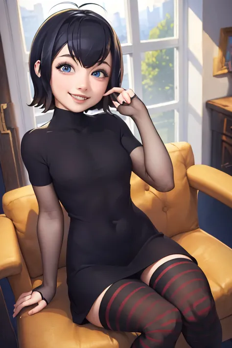 (masterpiece, best quality:1.2), solo, 1girl, mavis dracula, smile, looking at viewer, sitting, chair, black dress, striped thig...