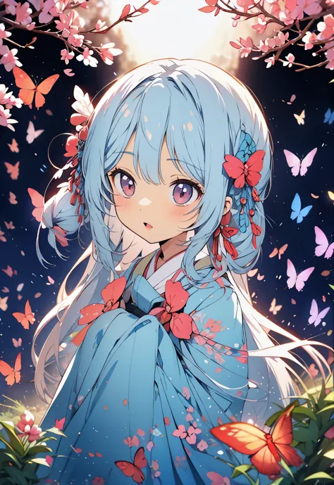 under the cherry tree, light blue long hair、chibi character with twin tails and mom, japanese manga style, cartoon style illustr...