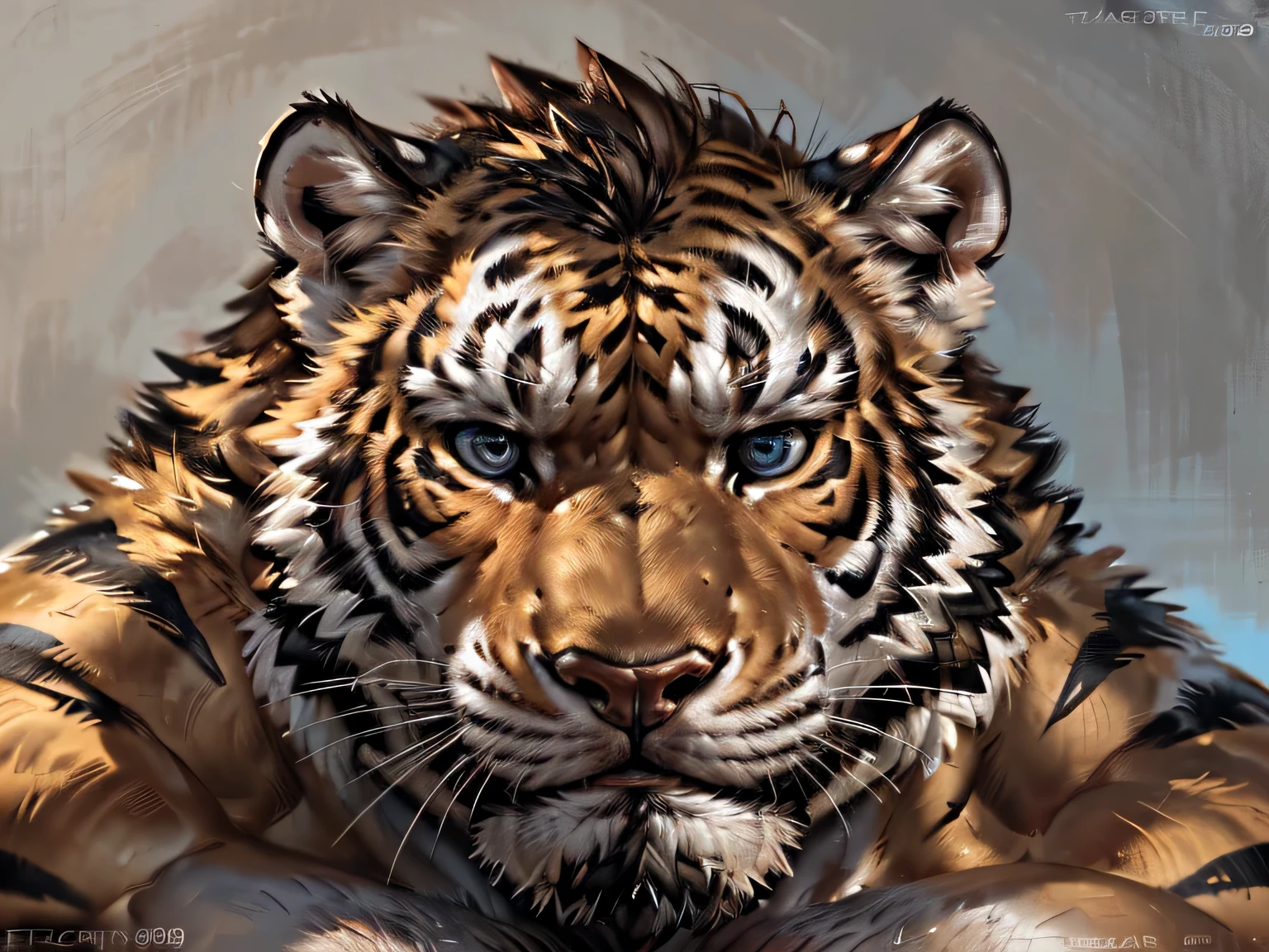 A male, masculine human tiger with big chest muscle, beard in face, sexy pose,  sexy shadows, (by echin, by Taran Fiddler, by takemoto arashi, by Traver009, by Juiceps), (detailed eyes:1.2), impressive physique, struggling, bothered face, exhausted, detailed eyes, looking at camera, (close-up):1