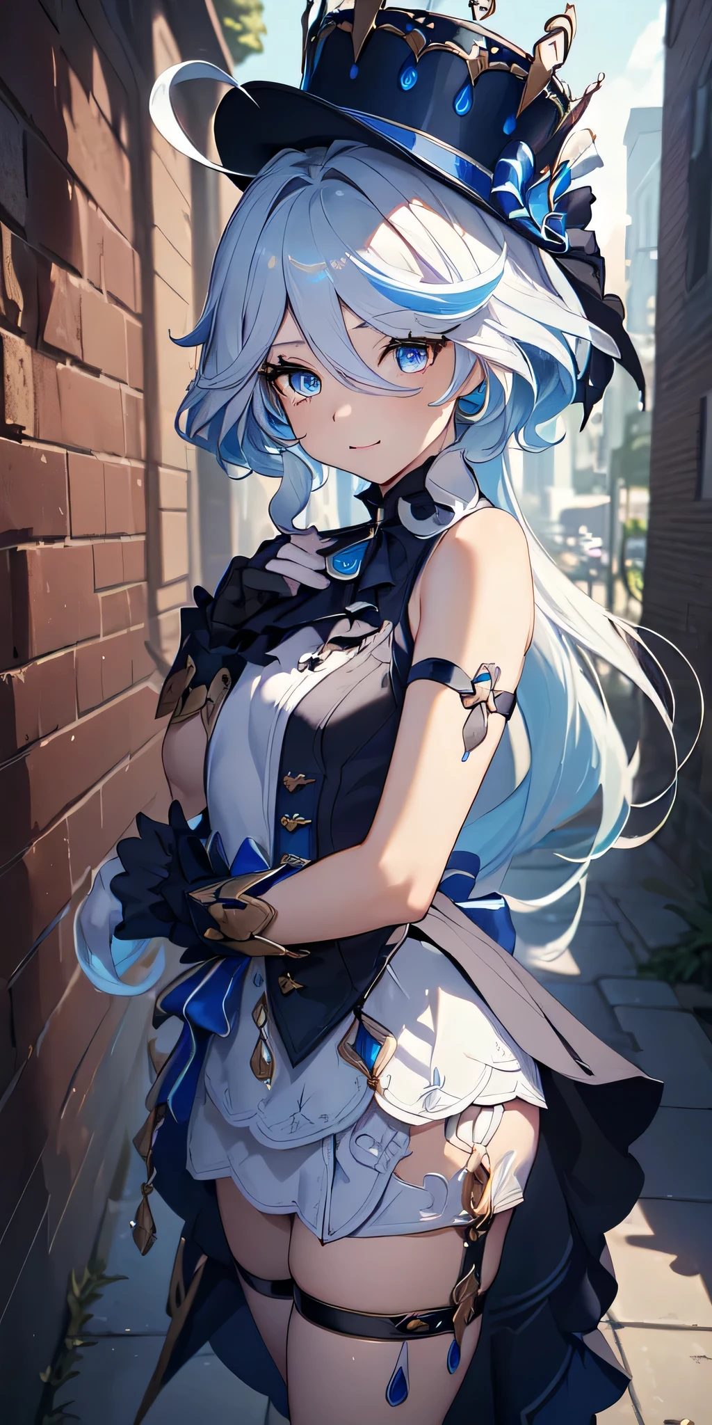 
All the intricate details: "(a girl from the video game: (Genshin Impact,
 character Furina) with a short dress and a long skirt standing next to a kind of stone wall with stars, 1 girl view, long hair, (furina), alone, gloves, smile, red eyes, fingerless gloves, black gloves, look to the viewer, hair decoration, bare shoulders, bangs, water, closed mouth, hair between eyes, blue eyes, blue hair, white hair, highlighted hair, gloves, hat, white gloves, blue hats, ahoge, black gloves, long sleeves, ascot, jewelry, brooch, black hats, ruffles, random very sexy pose, low angle, see tanga, ass shot)"