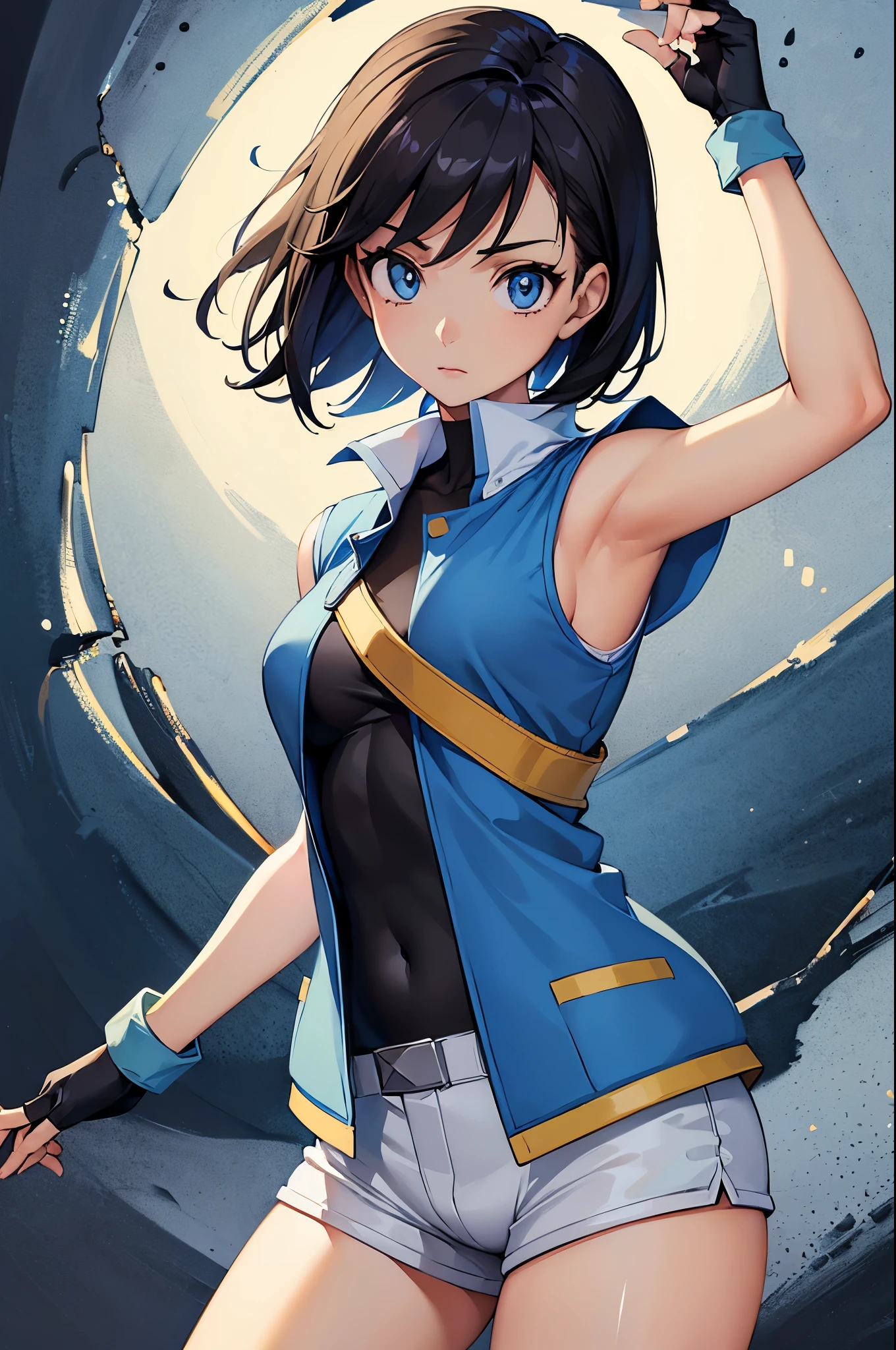 (masterpiece, best quality:1.2), expressive eyes, perfect face, highres, 1girl, solo, (female:1.5), OGAshK, blue jacket, sleeveless jacket, shirt, short sleeves, pants, fingerlss gloves, standing, upper body, looking at the viewer
