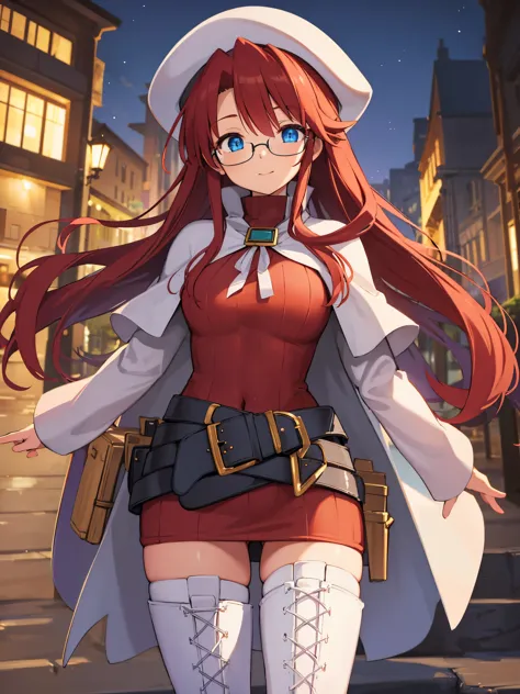 summonnightaty, aty, long hair, blue eyes, red hair, beret, hat, glasses,
BREAK long hair, thighhighs, hat, dress, boots, glasse...