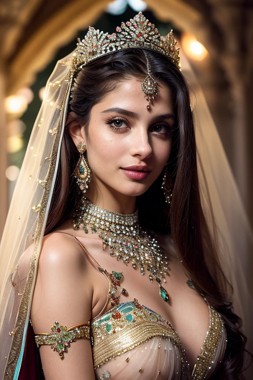 (((Stunningly Beautiful persian Princesss ))), elegant red black updo hair, Laetitia Casta, sweet smile, Beautiful bride posing under a fairy tale arch of exotic magical flowers, looking back,elaborate scene style, crystal glass lattice, glitter, transparent embroidered lace, realistic style, 8k,exposure blend, medium shot, bokeh, (hdr:1.4), (cinematic), ( dark tones:1.3), (hyperdetailed:1.2),Realism,1 girl,girl wearing indian saree(dressed in transparent saree)(wearing glitter graphics jewelry)big  ,Sexy Big Breast,nipples,bright light ,long_hair, Bokeh ,nsfw , indian ,tree branch, colourfull ,undersized bra,princess dress,lehenga choli