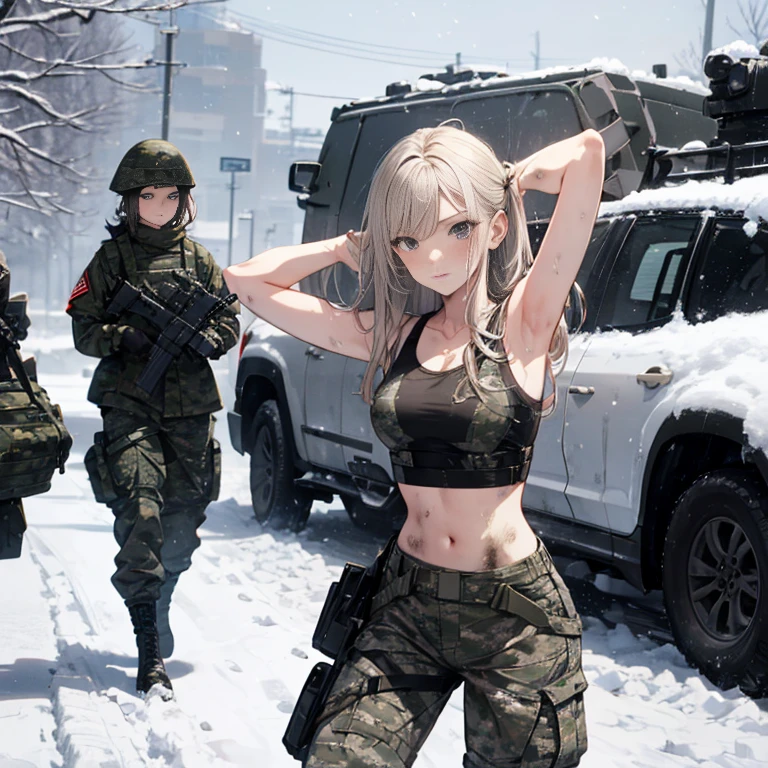 A group of  female soldiers, (in snow storm), various hair styles, tank top, harem, beautiful leg, midriff, camouflage military trousers, showings off armpits, seducing, bdsm, dirty