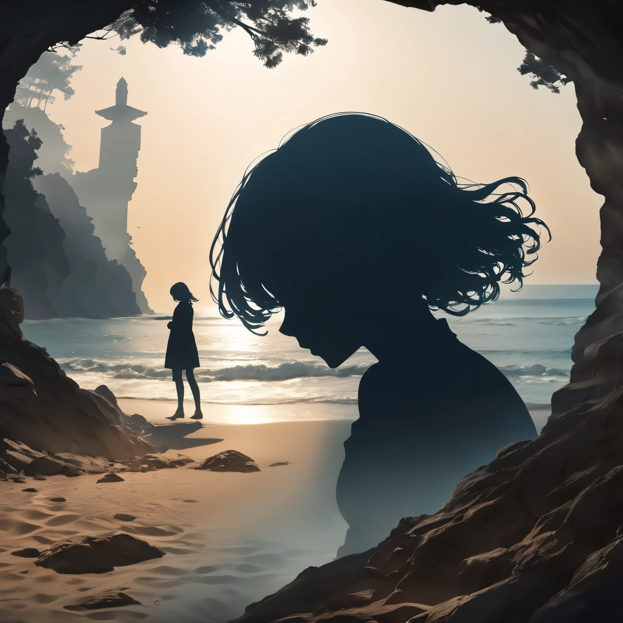 [tears:sea wave:26]= [tears:sea wave:1.3],(double exposure silhouette:1.4),hyperrealistic,extremely detailed 8k CG,extremely detailed background,beach