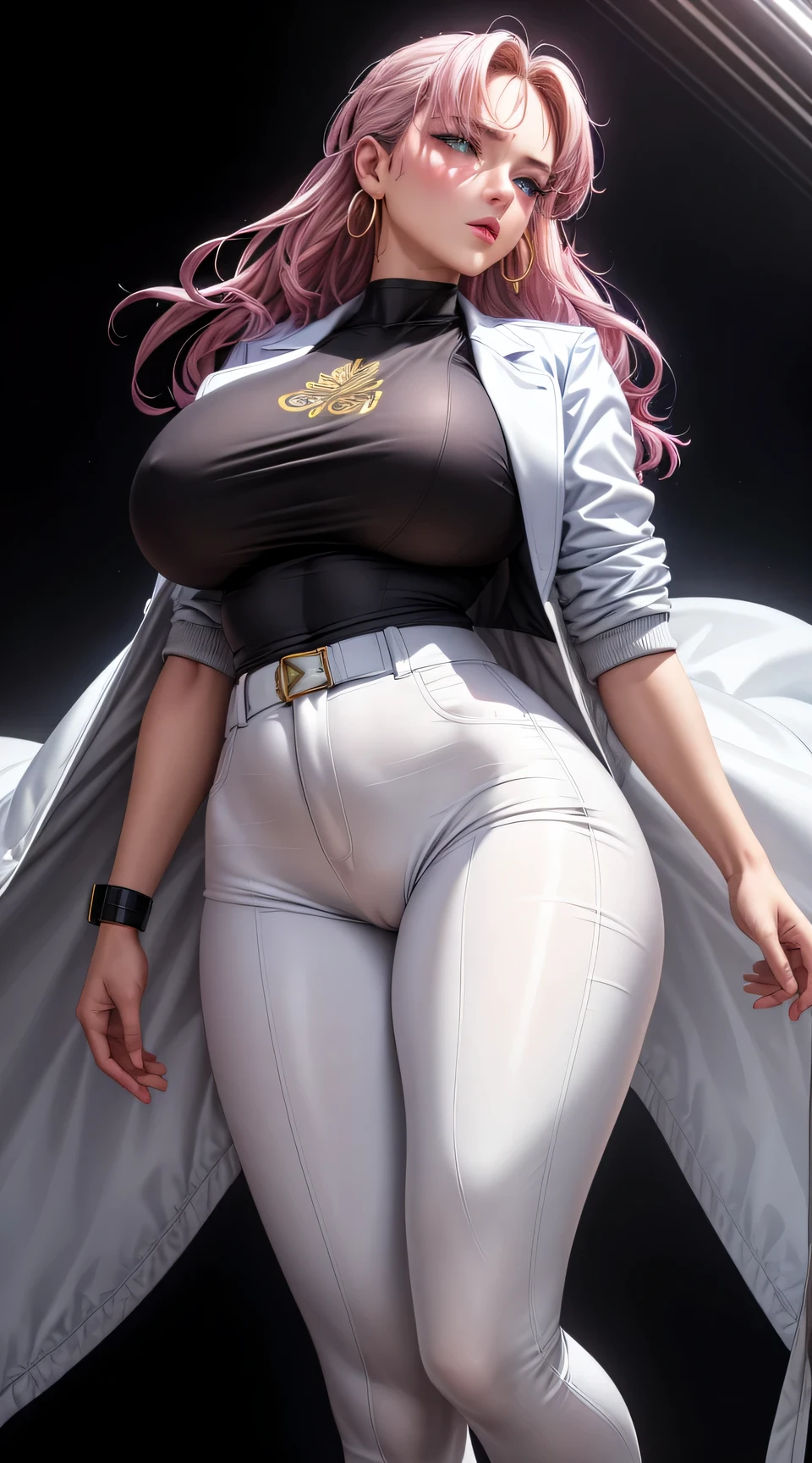 (best quality:1.5, highres, UHD, 4K, detailed lighting, shaders), best quality eyes, perfect hands, perfect finger,   white curly haired, gradient hair, big breasts, white T-shirt, big thighs,  big butt, white 
jacket,  white long pants, mature woman , (pov), black background, colorful eyeshadow, dramatic lighting, sparkling eyes, sensual expression, golden earrings, flowing hair, delicate facial features, soft skin, high cheekbones, urban setting, full body, black background, dont look for the camera,  behind  the camera,standing_split