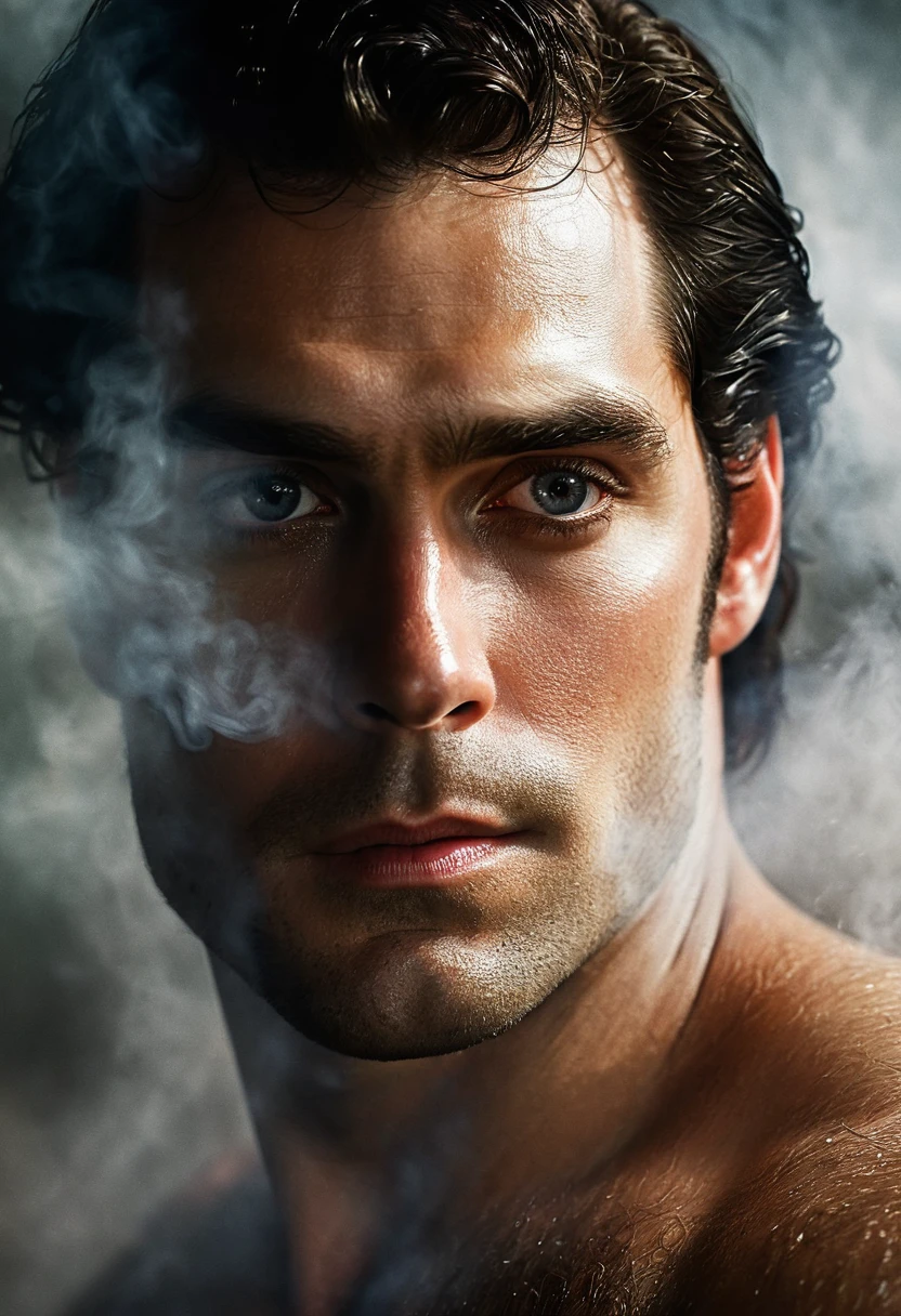 Photo RAW portrait handsome, Henry Cavill super man, piercing gaze,  high quality textures, high quality shadows, high detail, beautiful detail, fine detail, extremely detailed computer graphics, detailed textures, realistic faces, atmosphere of fear and unease, sensual moment from the point of view of someone in a close embrace with a muscular man bathing in smoke with bright laser eyes