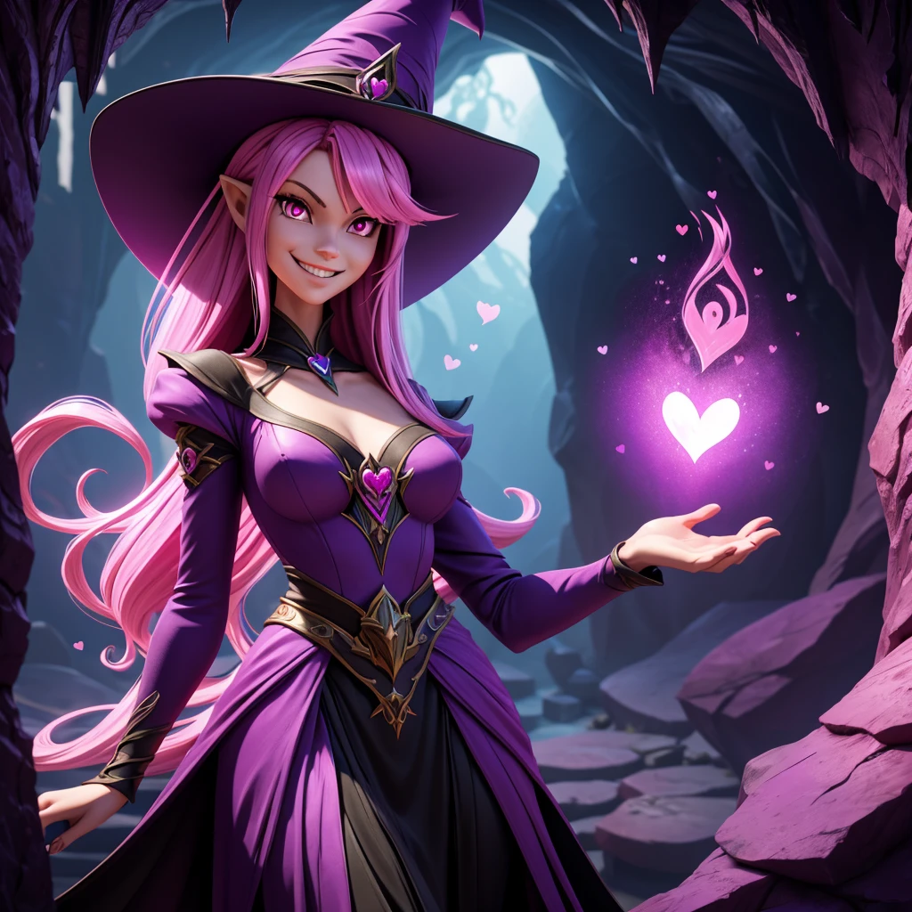 zoomed out image, fantasy character, high quality, 3d illustrated fantasy style, a pink haired female anthropomorphic fox, shapely, skinny body, bright pink eyes, wearing a black and purple witch's hat and dress, mischievous look, evil smile, inside a dark cave, floating wispy pink magic, floating magical pink hearts, digital art