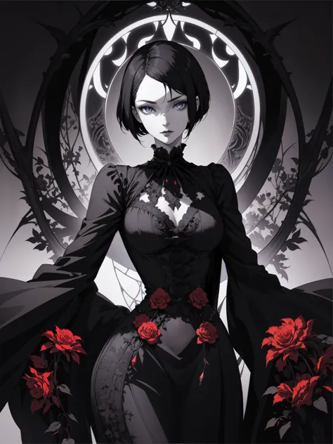 Basic Art Nouveau style，Vampire woman with black hair and blue eyes，short hair，（Upper body portrait），young，(((Oval face)))，Dark clothing，Soft and melancholy face，fine，No wrinkles，Gothic style，Synthwave meets Art Nouveau，Bold and smooth lines，Dynamic compos...
