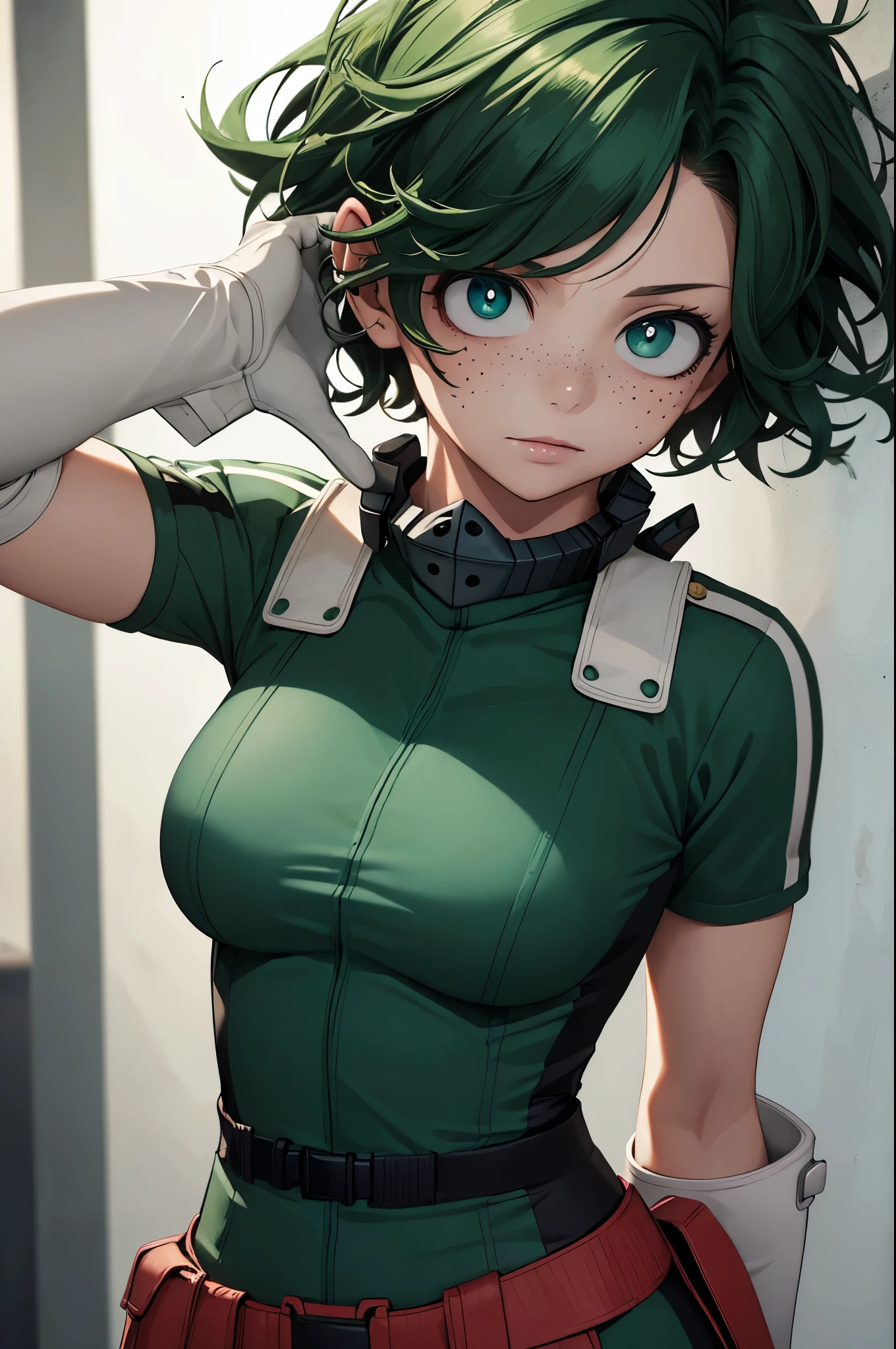 (masterpiece, best quality:1.2), expressive eyes, perfect face, highres, 1 girl, solo, (female:1.5), midoriya izuku, short hair, green eyes green hair, messy hair, freckles, gloves, belt, white gloves, bodysuit, green bodysuit, standing, portrait, looking at the viewer