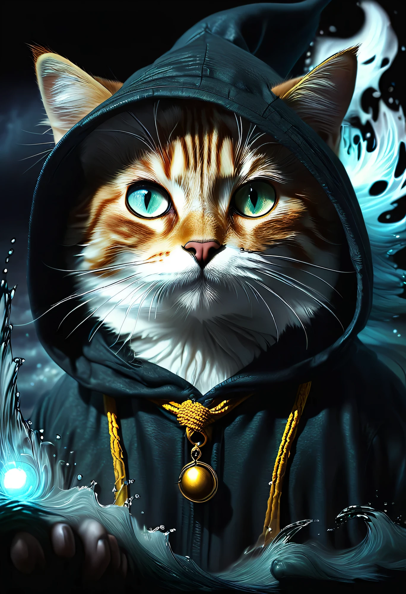 ((un gato mago, ropa de mago con capucha, efecto de magia, épico:1.5)), hasta:1.4, (obra maestra),(Mejor calidad:1.0), (ultra alta resolución:1.0), pintura detallada, intrincado, paisaje submarino, (( mágico, Hermoso, de otro mundo:1.4 )), (( Mejor calidad, Vibrante, 32k ,luz y sombras bien definidas)). sin texto:1.3.