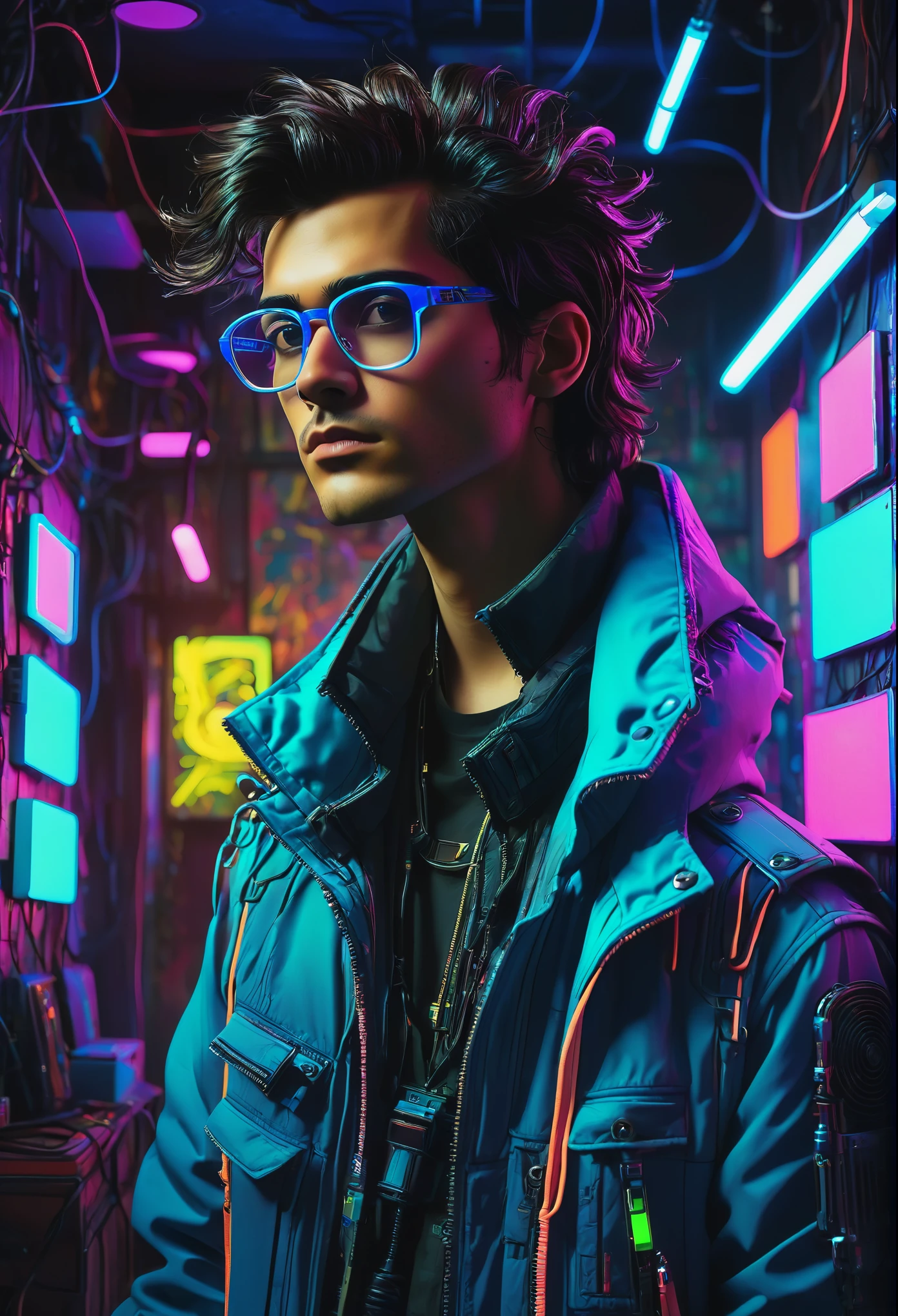 well-lit room with a very slim young man with glasses, and messy straight dark brown hair wearing a blue jacket and a neon light, in a cyberpunk themed room, colores vibrantes ciberpunk, Como un taller cyberpunk, beeple style hybrid mix, color estilo ciberpunk, en estilo ciberpunk, 80s airbrush aesthetic, dreamy colorful cyberpunk colors, colores del pitido, cyberpunk with neon lights, disco pictoplasma
