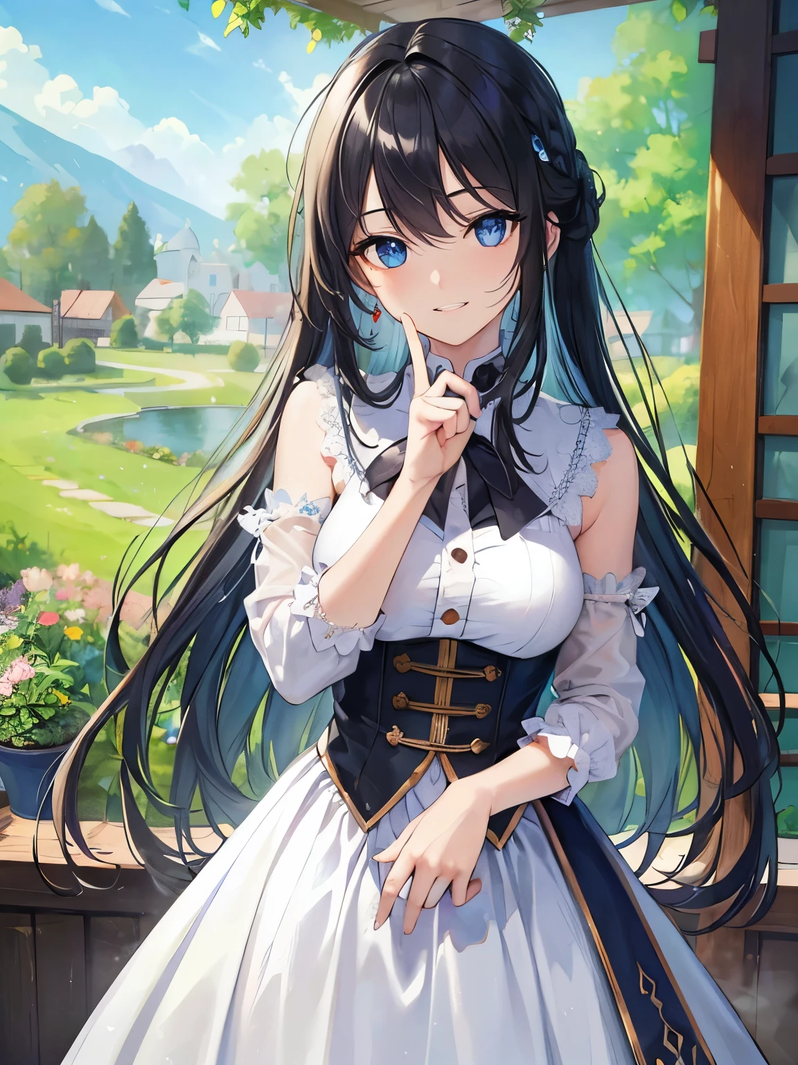 (((Masterpiece1.4))),(((high resolution))),(((best quality))),light-black hair, long hair, light-blue eyes, Official Outfit, Full School Outfit, high resolution, ultrasharp, 8K, masterpiece, looking at viewer, cute personality, cute face,Detailed eyes and face, insanely detailed, flowing hair, standing in flower garden, , playful and cute,no extra hands,Fingers clenched,cute accessories,smile,(all fingers detailed and fixed) 