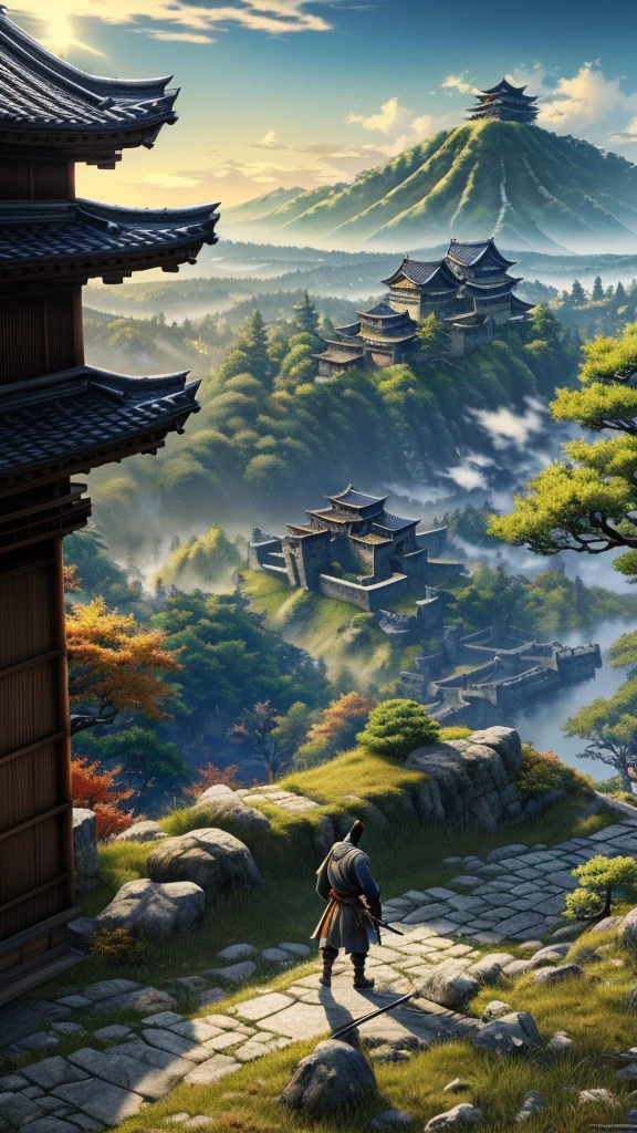 Masterpiece, best quality, (very detailed CG unit 8k wallpaper) (best quality), (best illustration), (best shadows) (male), sekiro on top of a cliff, looking at Ashina castle, feudal Japan, Ray tracing, sinister environment, ultra detailed, , impressionism style 
