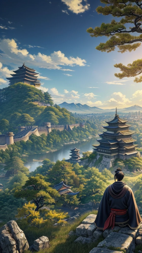 Masterpiece, best quality, (very detailed CG unit 8k wallpaper) (best quality), (best illustration), (best shadows) (male), sekiro on top of a cliff, looking at Ashina castle, feudal Japan, Ray tracing, sinister environment, ultra detailed, , impressionism style 