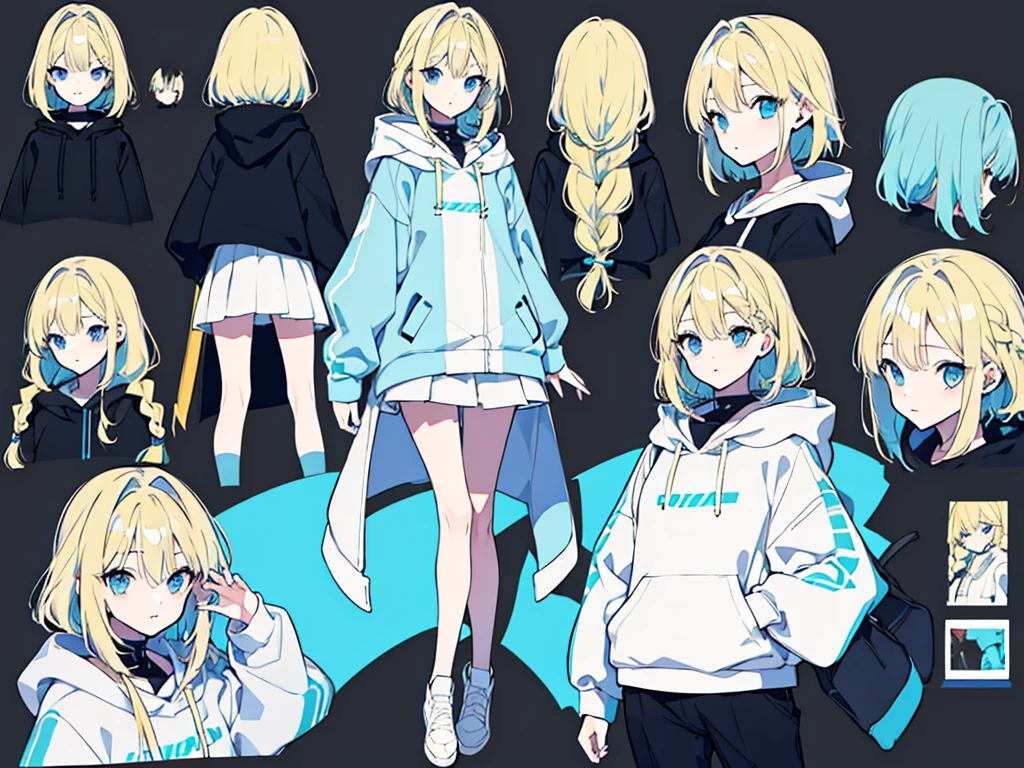Charakterbogen、ganzer Körper、Mädchen、Blonde Haare mit hellblauen Spitzen -  SeaArt AI