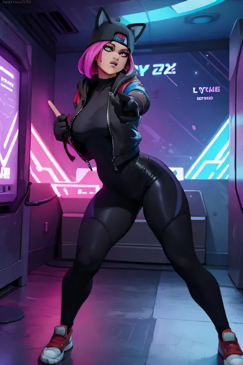 Gaming Zone Lynx chaqueta Negro, guantes sin dedos, Leggings negros, ojos finos, neon, dynamic pose 
