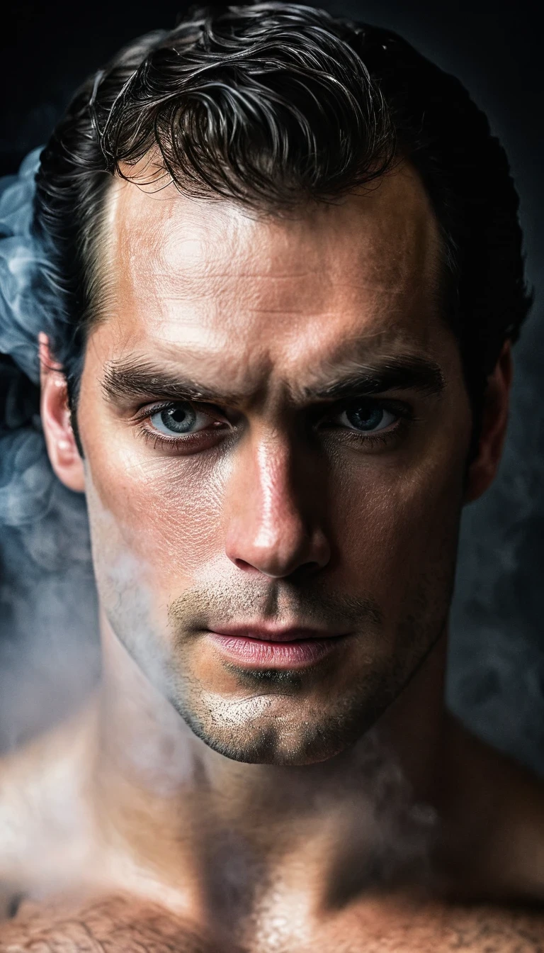 Photo RAW portrait handsome, Henry Cavill super man, piercing gaze,  high quality textures, high quality shadows, high detail, beautiful detail, fine detail, extremely detailed computer graphics, detailed textures, realistic faces, atmosphere of fear and unease, sensual moment from the point of view of someone in a close embrace with a muscular man bathing in smoke with bright laser eyes