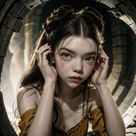 anya taylor con orejas de elfo de rodillas amarrada con una cuerda de manos y pies.