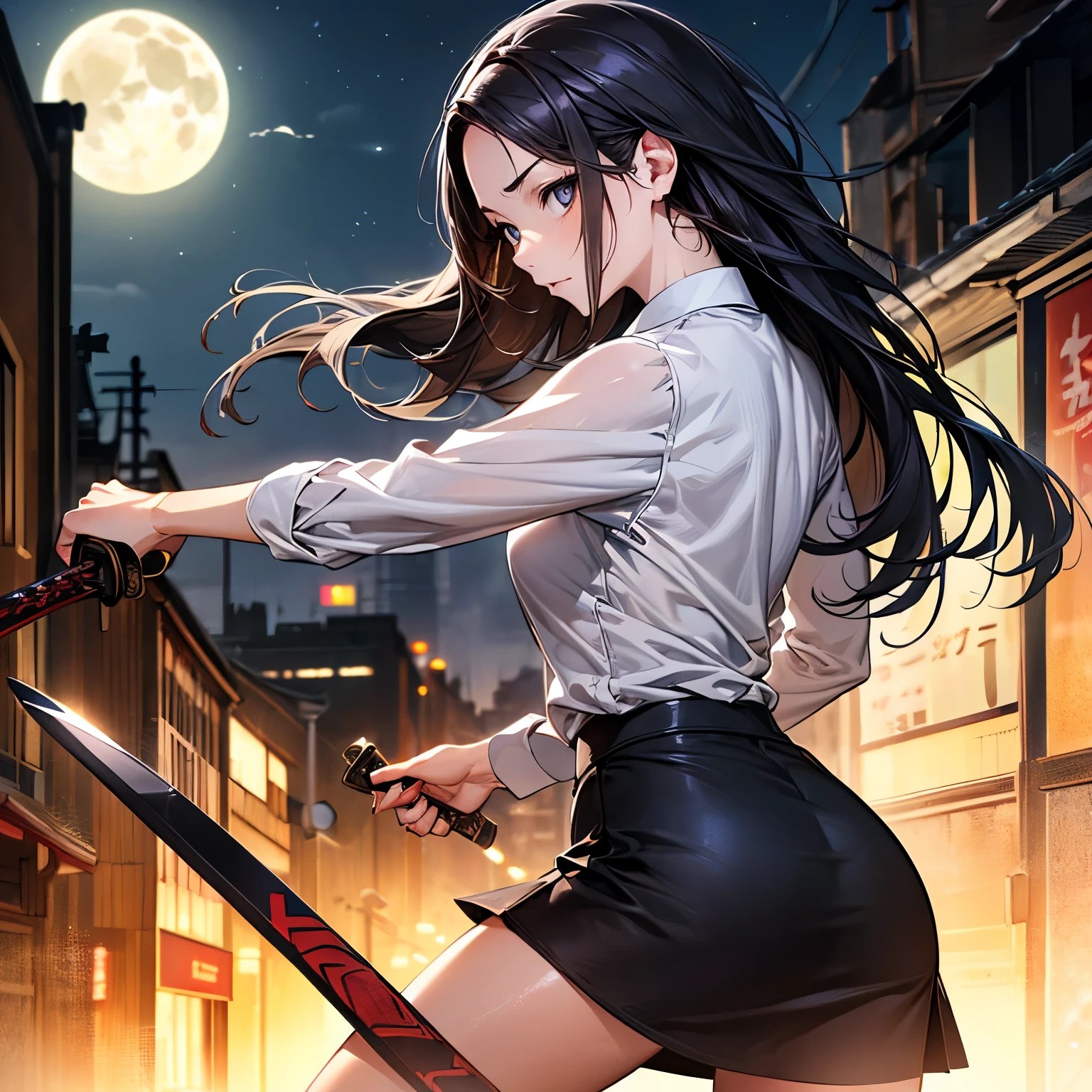 Anime girl with sword in city at night - SeaArt AI