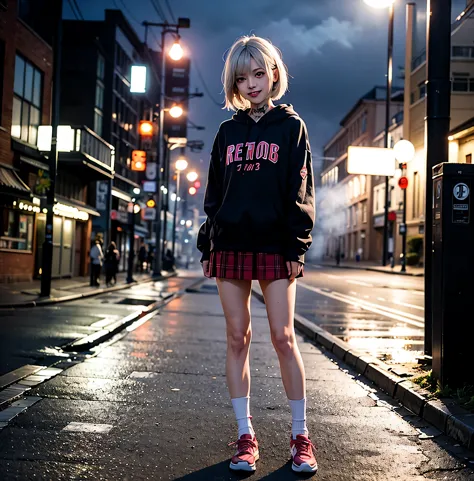 1girl, white hairs, ower sized hoodie, on street, neon lights, skirts, tattoos, jewelry, night, bio robot, high resolution, 8k, ...