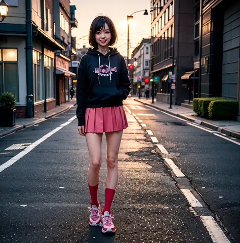 1girl, white hairs, ower sized hoodie, on street, neon lights, skirts, tattoos, jewelry, night, bio robot, high resolution, 8k, ...