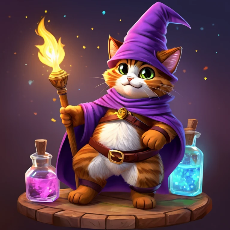 cute kitty, cat, wizard, cat wizard, wizard cap, wizard hat, wizard cloak, cat with wand, wizard wand, cat with potion, potion belt, cat icon