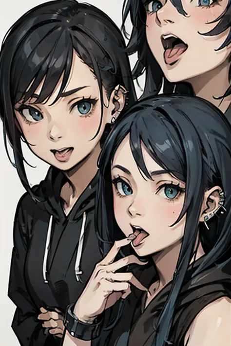 
(highest quality、8k、Super detailed)、emo girl、((Open your mouth and stick out your tongue、Tongue piercing))、Lots of ear piercing...