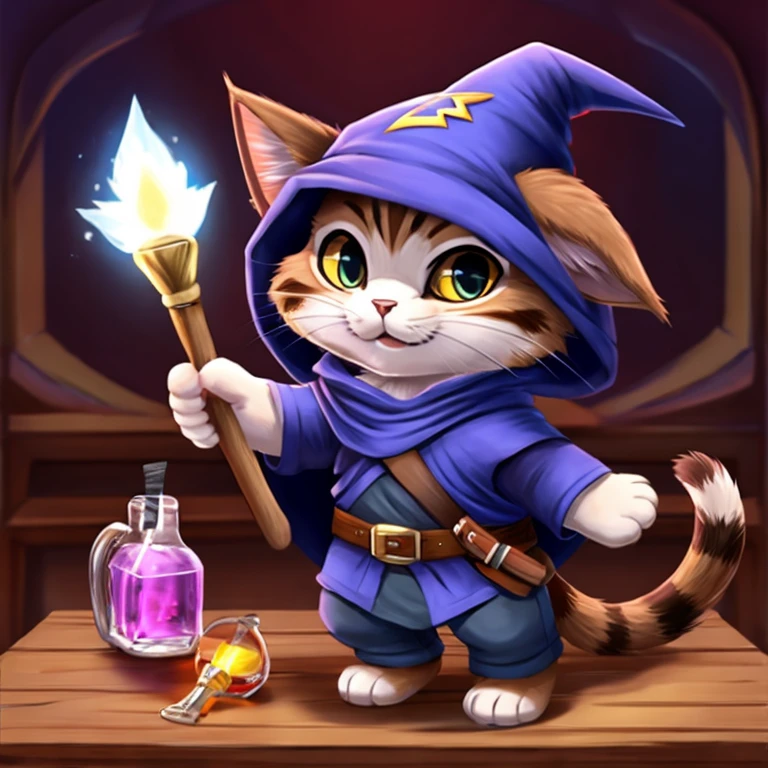 cute kitty, cat, wizard, cat wizard, wizard cap, wizard hat, wizard cloak, cat with wand, wizard wand, cat with potion, potion belt, cat icon