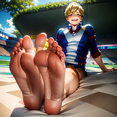 ((Masterpiece)), ((highest quality)), ((young male)), Monoma Neito from boku no hero academia, smiling, on a bed, showing the so...
