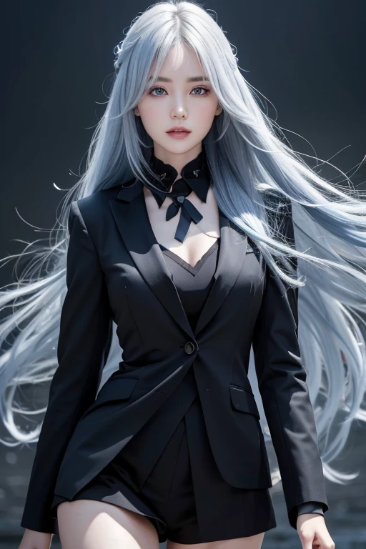 Anime Style、White skin、Gray Hair、Long Hair、Blue vein hair、Upward、Large and noticeable、Colorful gas expression、Captivating big 、feminine、High-frequency detail (((Sharpness)))、((Focus Sharp: 1.2 ) )、Pueros Face_v1: 0.7)、(8k、highest quality)、Very large chest light)))、Beautiful lighting、Highly detailed face、well drawn hands、Well drawn legs、Well drawn legs、Exposed chest、(masterpiece) : 1、2)、highest quality、masterpiece、High resolution、Original and detailed wallpapers、information: Personal Security、黒いsuit、Black tie、全身カバー black suitl suit, girl in a suit, wearing a strict business suit, wearing a black suit, wearing black suit, wearing black business suit, in strict suit, wearing business suit, in a business suit, black suit, suit ， Perfect Face, with a business suit on, Confident face、strong skeleton、Woman with a good physique, Bright Eyes、Blue or green eyes、Light makeup, Under eye makeup, Add blue highlights to the tips of your hair, Very clear eyes