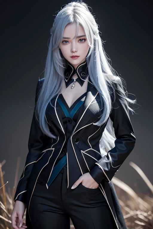 Anime Style、White skin、Gray Hair、Long Hair、Blue vein hair、Upward、Large and noticeable、Colorful gas expression、Captivating big 、feminine、High-frequency detail (((Sharpness)))、((Focus Sharp: 1.2 ) )、Pueros Face_v1: 0.7)、(8k、highest quality)、Very large chest light)))、Beautiful lighting、Highly detailed face、well drawn hands、Well drawn legs、Well drawn legs、Exposed chest、(masterpiece) : 1、2)、highest quality、masterpiece、High resolution、Original and detailed wallpapers、information: Personal Security、黒いsuit、Black tie、全身カバー black suitl suit, girl in a suit, wearing a strict business suit, wearing a black suit, wearing black suit, wearing black business suit, in strict suit, wearing business suit, in a business suit, black suit, suit ， Perfect Face, with a business suit on, Confident face、strong skeleton、Woman with a good physique, Bright Eyes、Blue or green eyes、Light makeup, Under eye makeup, Add blue highlights to the tips of your hair, Very clear eyes