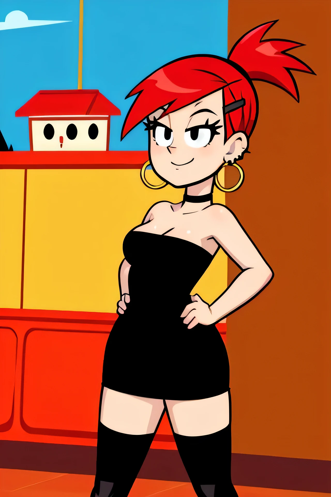 A cartoon girl in a black dress standing in front of a counter - SeaArt AI