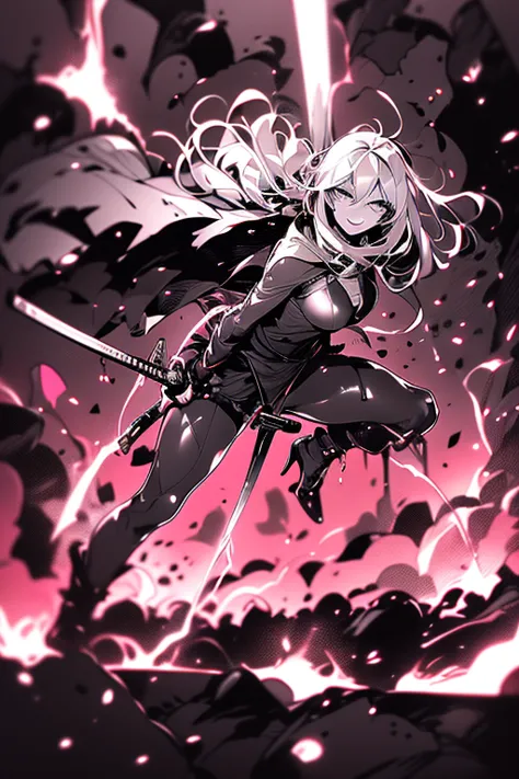 tall woman, long white hair, tight clothing, heels, leggings, in combat, swing katana, blood spraying, smiling, crazy eyes, figh...